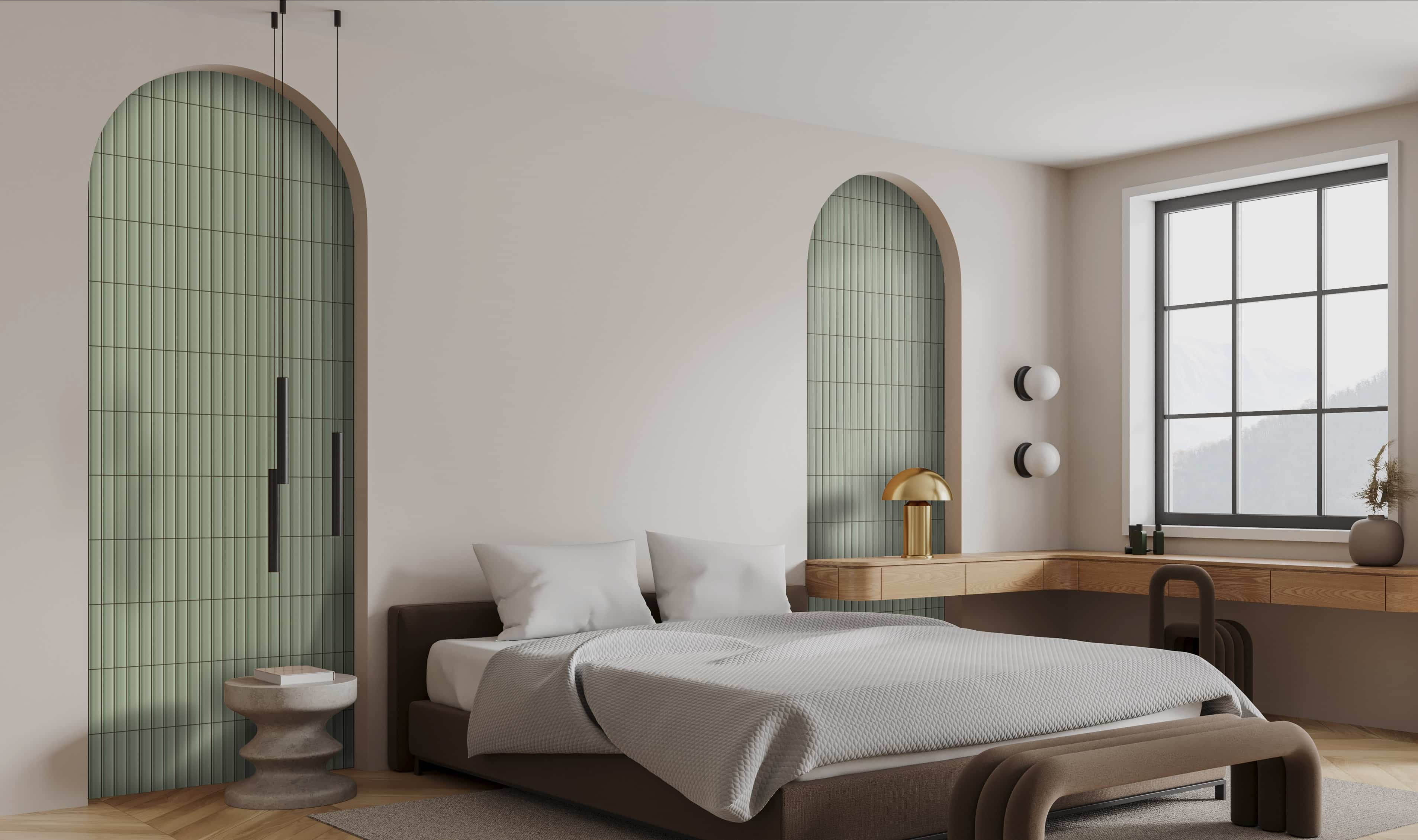 Corner view of bedroom interior bed with sheets, carpet on hardwood floor. Cozy relaxing space with work table and chair near panoramic window. Mock up copy space empty wall. 3D rendering