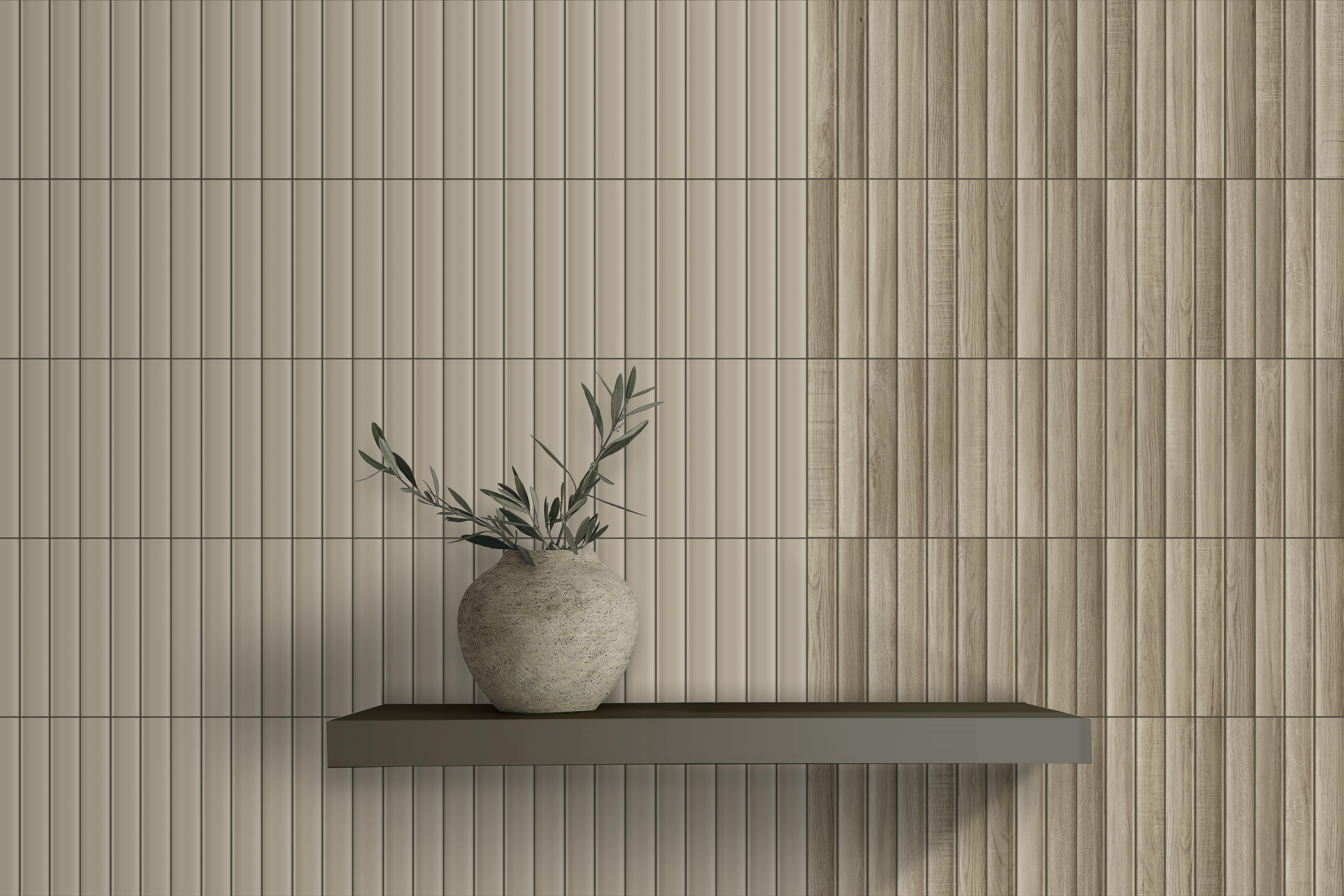 Elegant home still life. Floating shelf. Textured vase with green olive tree branches, old books. Cup of coffee, tea. Modern Mediterranean appartement. White wall background, interior indoor mockup