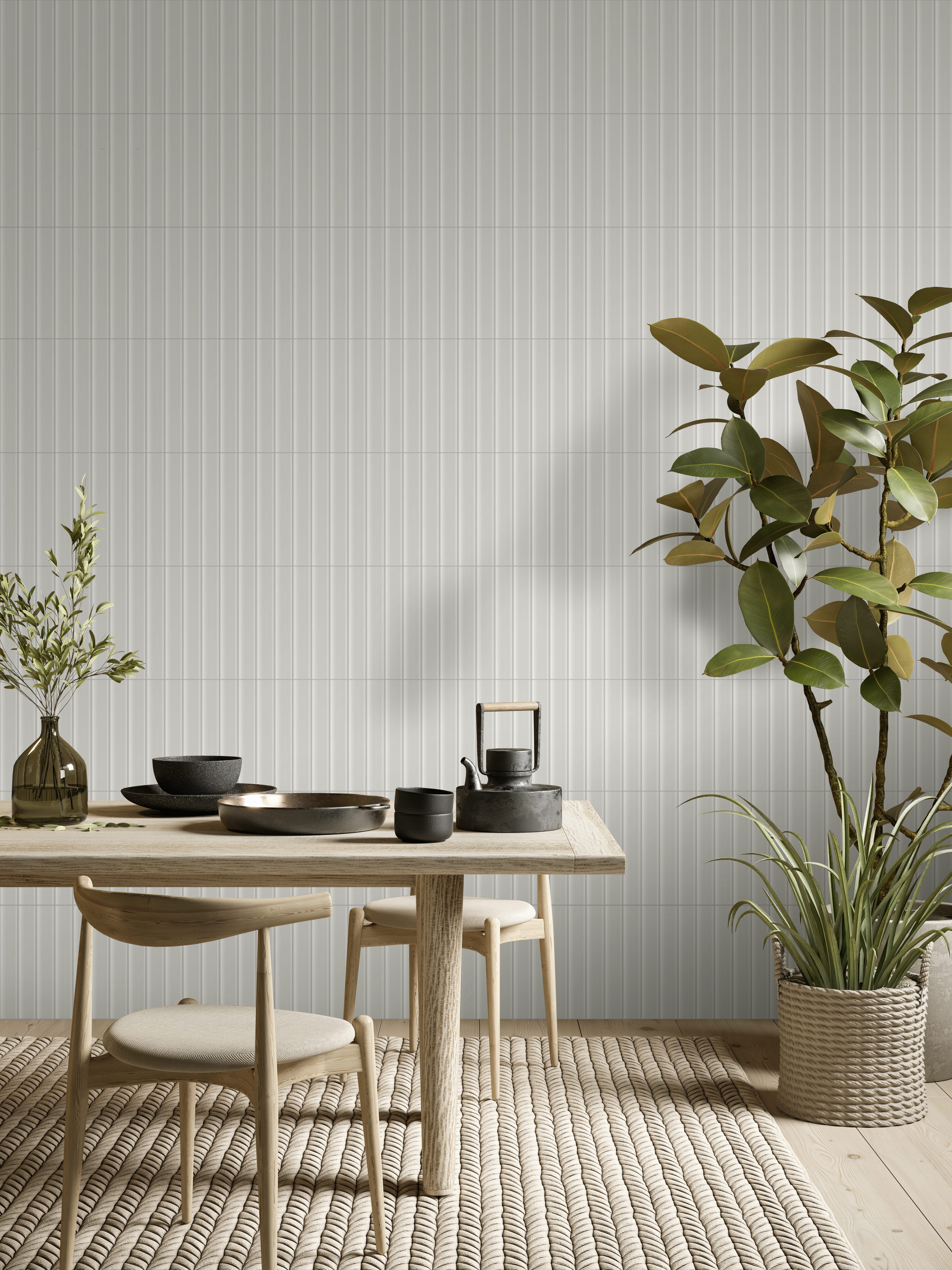 Beige interior with dining table, tile wall, plants and decor. 3d render illustration mockup.